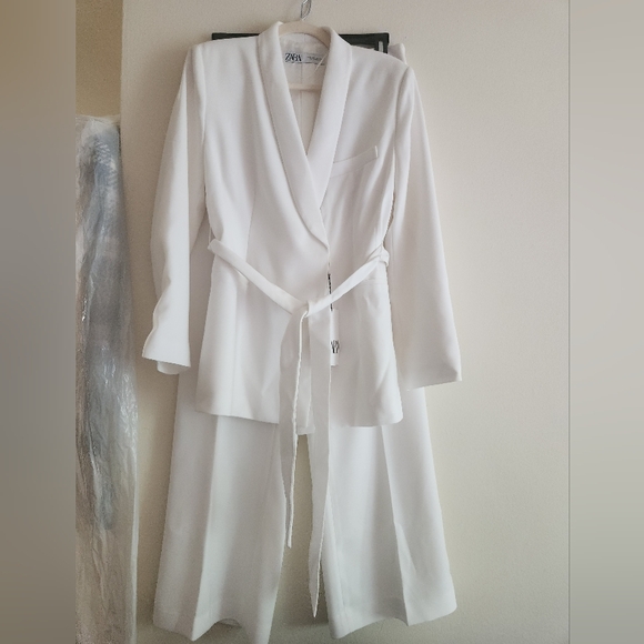 Zara Collection co-ord set Tie-belt blazer+pants white/ecru sz L NWT NO LOW BALL - Picture 5 of 11